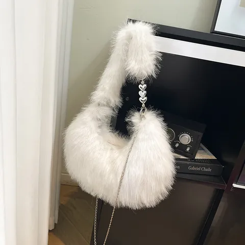 Borsa Hobo in Pelliccia Sintetica da Donna Catena a Cuore Borsa a Tracolla a Forma di Raviolo Borsa a Mano Moda Autunno Inverno