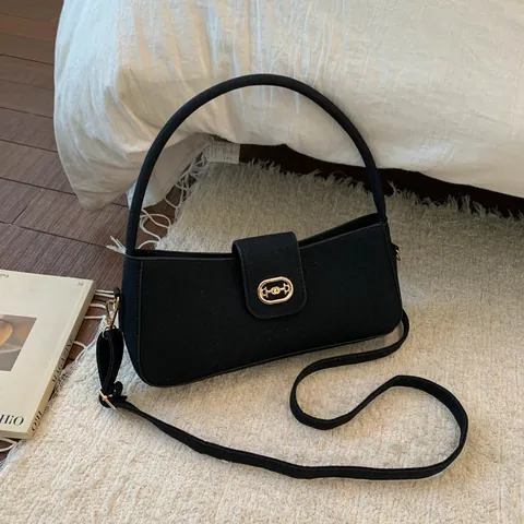Französische Vintage Baguette Unterarmtasche Damen Minimalistisch PU Wildleder-Optik Schultertasche Gold Trensen-Detail Retro Handtasche