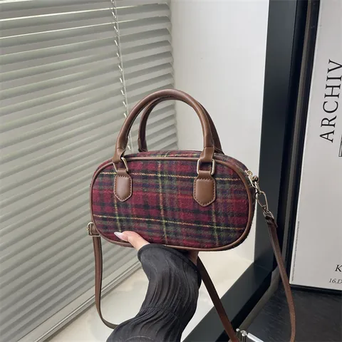 Borsa a Spalla da Donna in Lana a Quadri Retro Grande Capacità Borsa a Tracolla Autunno Inverno Boston Bag Elegante Design Semplice