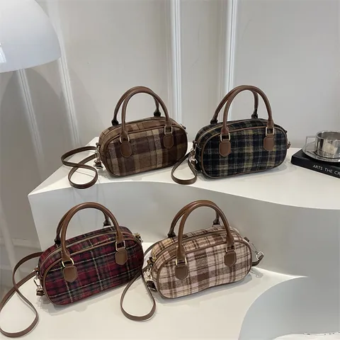 Borsa a Spalla da Donna in Lana a Quadri Retro Grande Capacità Borsa a Tracolla Autunno Inverno Boston Bag Elegante Design Semplice