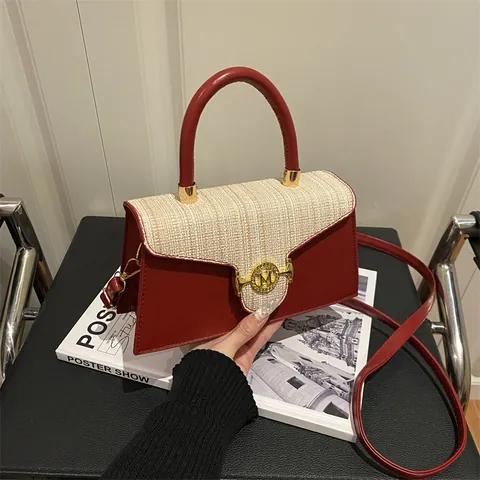 Women Vintage New Chinese Style Tweed Patchwork PU Leather Crossbody Bag Gold Metal M Buckle Handle Shoulder Bag Satchel