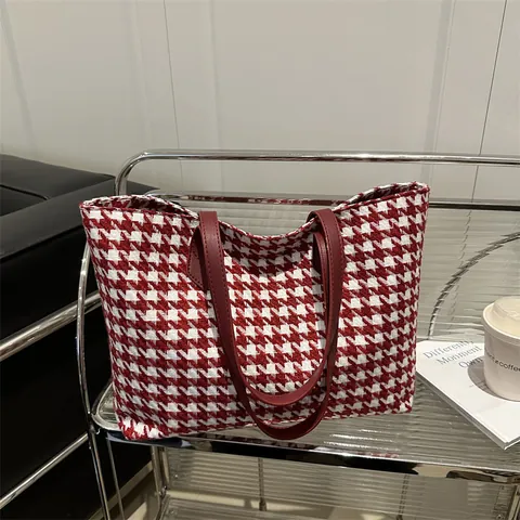 Sac Fourre-tout Grande Capacité Pied-de-poule pour Femmes Mode Style Coréen Sac à Épaule Décontracté à Carreaux