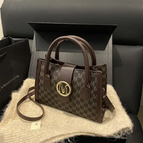 Women Monogram M Pattern PU Leather Tote Bag Golden Buckle Shoulder Crossbody Bag Retro Large Capacity Satchel