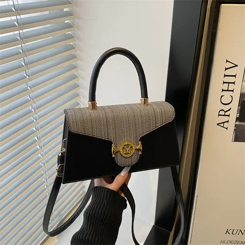 Women Vintage PU Leather Tweed Patchwork Crossbody Bag Contrast Color Square Handbag Shoulder Bag Daily Office Korean Fashion