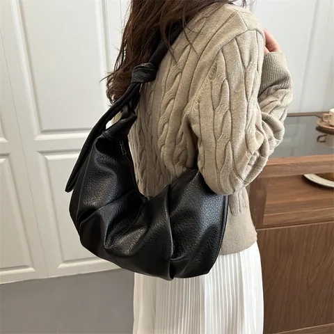 Bolso de Mujer Moda Cuero PU Plisado Cloud Hobo Bag Casual Nudo Hombro Bolso Gran Capacidad Color Sólido Media Luna Bolso