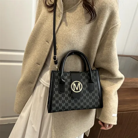 Women Monogram M Pattern PU Leather Tote Bag Golden Buckle Shoulder Crossbody Bag Retro Large Capacity Satchel