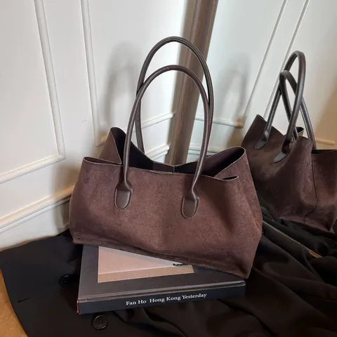 Vintage Faux Suede Large Capacity Tote Bag For Women Minimalist Shoulder Handbag Solid Color Fashion Commuting Bag