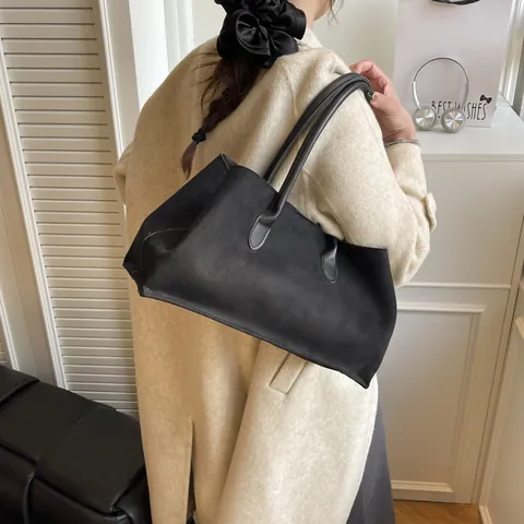 Vintage Faux Suede Large Capacity Tote Bag For Women Minimalist Shoulder Handbag Solid Color Fashion Commuting Bag