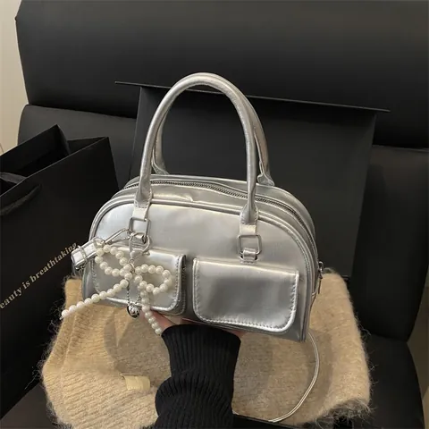 Bolso de Mano Vintage de Cuero PU para Mujer Lazo de Perlas Artificiales Colgante Doble Bolsillo Bolso Bandolera Moda Boston