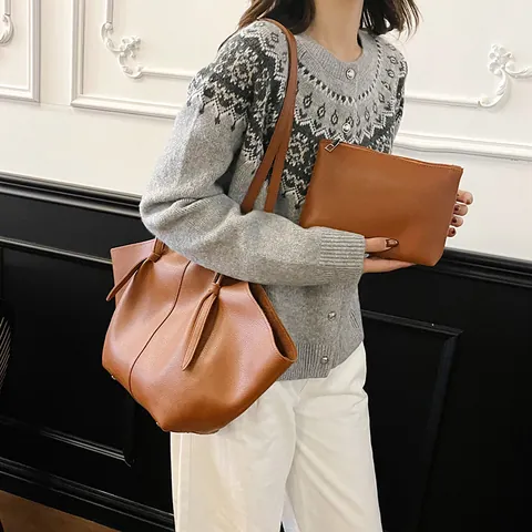 Borsa Tote in Pelle PU a Grana Litchi di Grande Capacità E Set di Pochette Con Dettaglio a Nodo Borsa ad Ala Per Donna