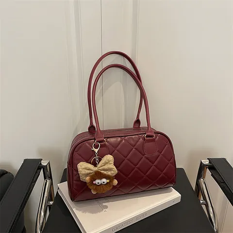 Women Korean Quilted Lattice PU Leather Shoulder Bag Bowling Style Handbag With Plush Monster Charm Urban Daily Commuting Bag