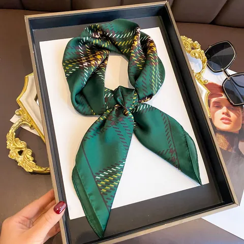 Vintage Plaid Satin Square Scarf For Women Professional Office Decorative Neck Scarf Elegant Checkered Head Scarf Fashion Wrap