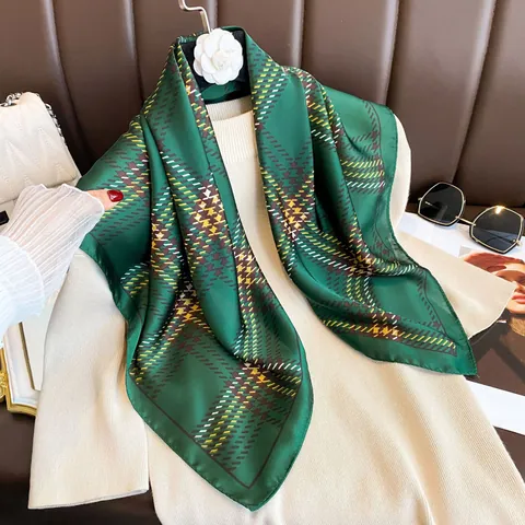 Vintage Plaid Satin Square Scarf For Women Professional Office Decorative Neck Scarf Elegant Checkered Head Scarf Fashion Wrap
