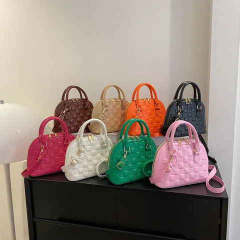 Fashion Shell Handbag PU Leather Embossed Checkerboard Crossbody Bag Golden Hardware Casual Elegant Women Daily Use