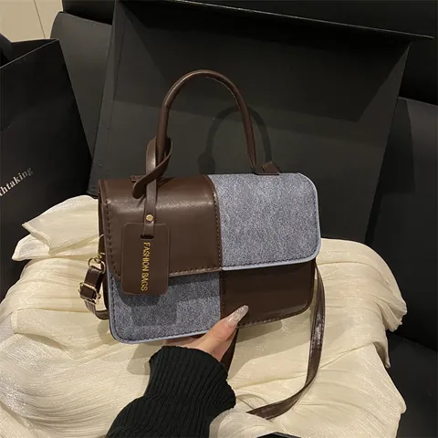 Fashion Patchwork Women Crossbody Bag PU Leather Fabric Small Square Shoulder Bag Single Handle Adjustable Strap Commuter Handbag