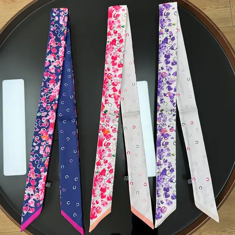 Koreanischer Stil Frischer Blumendruck Twilly Schal Für Damen Kinder Satin Schmaler Langer Haarband Tasche Griff Dekoration Seidenband