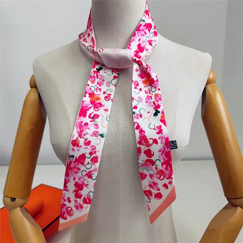 Koreanischer Stil Frischer Blumendruck Twilly Schal Für Damen Kinder Satin Schmaler Langer Haarband Tasche Griff Dekoration Seidenband