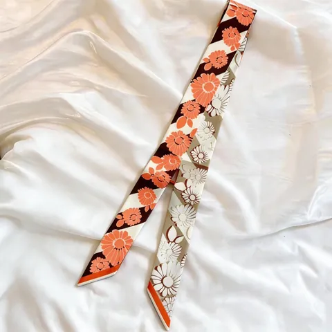 Women Fashion Floral Print Satin Twilly Scarf Versatile Narrow Long Silk Like Scarf For Hair Bag Handle Neck Decoration Elegant Accessories