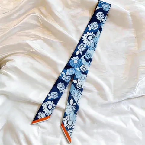 Women Fashion Floral Print Satin Twilly Scarf Versatile Narrow Long Silk Like Scarf For Hair Bag Handle Neck Decoration Elegant Accessories
