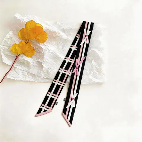 Women Sweet Satin Twilly Scarf Bow Knot Plaid Print Ribbon Headband For Bag Handle Decoration Neck Scarf Hair Tie Accessories