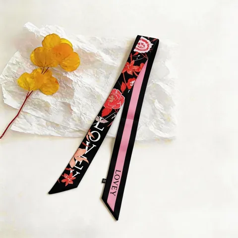 French Style Floral Print Long Scarf For Women Satin Hair Ribbon Bag Decor Elegant Neck Scarf Headband Accessories