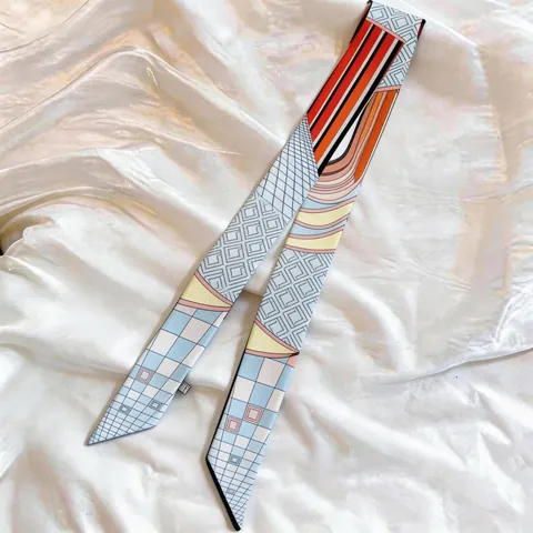 Women Elegant Geometric Printed Narrow Scarf French Vintage Satin Hair Ribbon Twilly For Bag Handle Neck Tie Long Silk Like Scarf