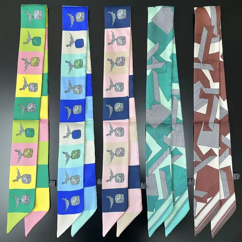 Women Satin Twilly Scarf Elegant Narrow Neck Tie Fashion Geometric Chain Print Silk Like Ribbon For Bag Handle Hair