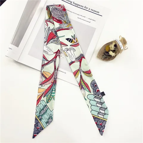 Dames Mode Bedrukt Satijn Twilly Sjaal Elegant Bloemen Vogel Smalle Halsdoek Taslint Haarband Decoratieve Sjaal