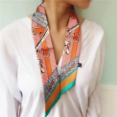 Women Fashion Satin Twilly Scarf Bag Handle Wrap Neck Tie Leopard Chain Equestrian Print Silk Like Skinny Ribbon Accessories