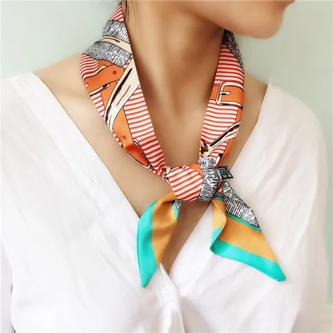 Women Fashion Satin Twilly Scarf Bag Handle Wrap Neck Tie Leopard Chain Equestrian Print Silk Like Skinny Ribbon Accessories