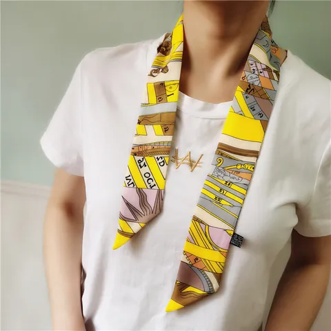 Geometric Letter Print Satin Twilly Scarf Fashion Neck Tie Hair Band Bag Ribbon For Women Daily Office Decoration