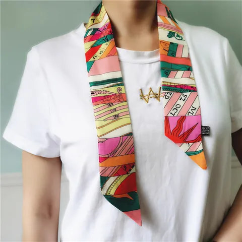Geometric Letter Print Satin Twilly Scarf Fashion Neck Tie Hair Band Bag Ribbon For Women Daily Office Decoration