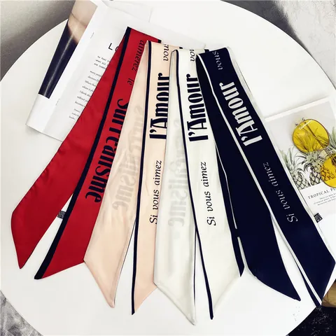 Pañuelo de Satén con Estampado de Letras Francesas para Mujer Banda para el Cabello Estrecha Cinta Tipo Seda para Accesorio de Bolso