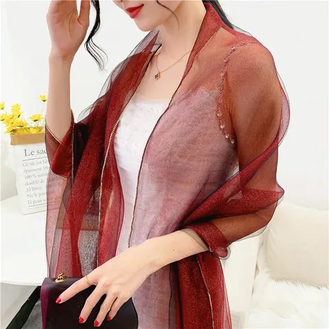 Elegant Silk Wool Rhinestone Shawl Scarf For Women Solid Color Sparkling Semi-Transparent Pashmina For Party Wedding Daily