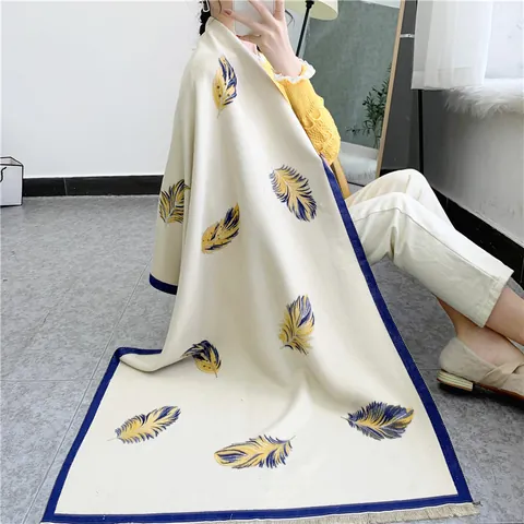Eleganter Damen Schal Mit Federdruck Kaschmir Imitat Dick Warmer Umhang Mit Quasten Für Büro Winter Gnädige Frau Accessoire