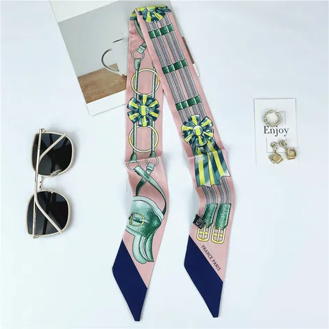 Women Vintage Equestrian Print Satin Twilly Scarf For Hair Handbag Handle Neck Headband Elegant Skinny Scarf Decoration