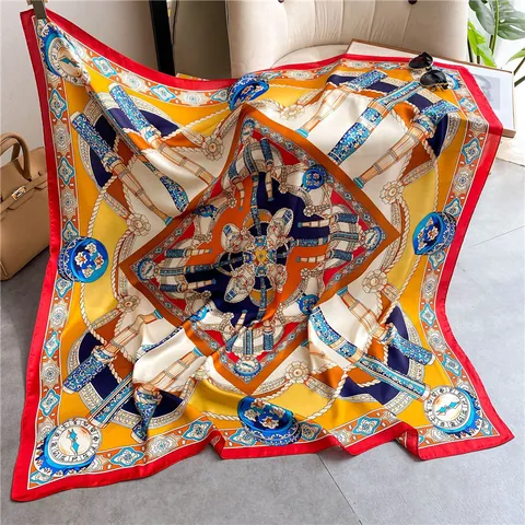 Western Vintage Style Satin Large Square Scarf Nautical Palace Print Sunscreen Shawl Women Travel Wrap Decorative Accessory