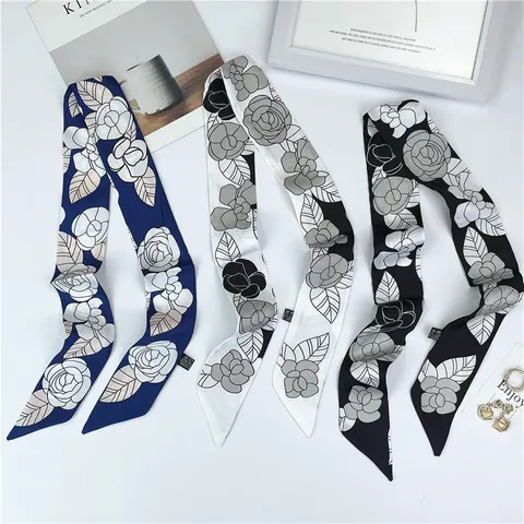 Elegant Camellia Floral Print Satin Skinny Scarf For Women Vintage Silk Feeling Hair Band Handbag Ribbon Neck Tie Decor