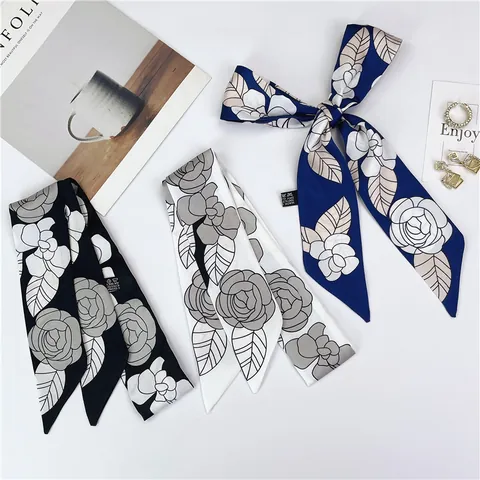 Elegant Camellia Floral Print Satin Skinny Scarf For Women Vintage Silk Feeling Hair Band Handbag Ribbon Neck Tie Decor