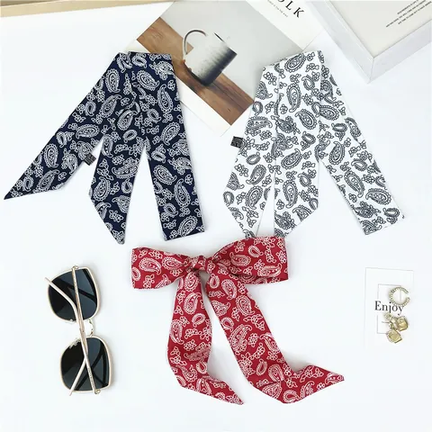 Bohemian Paisley Print Satin Narrow Scarf For Women Vintage Floral Twilly Silk-Like Hairband Neck Scarf Bag Handle Ribbon Accessory