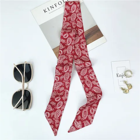 Bohemian Paisley Print Satin Narrow Scarf For Women Vintage Floral Twilly Silk-Like Hairband Neck Scarf Bag Handle Ribbon Accessory