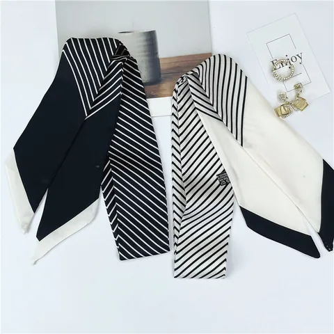 Women Satin Stripe Scarf Twilly Elegant Geometric Pattern Hair Band Bag Handle Ribbon Fashion Neck Scarf Accessories