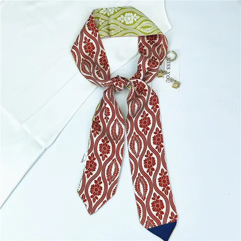 Women Fashion Satin Narrow Scarf Floral Geometric Print Long Ribbon Headband Bag Strap Accessory Elegant Neck Scarf Decor