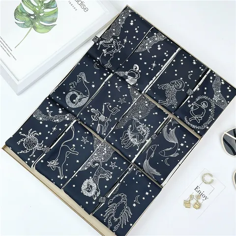 Elegant Satin Narrow Long Scarf For Women Zodiac Constellation Print Double Sided Hair Tie Bag Accessory Necktie Scarf