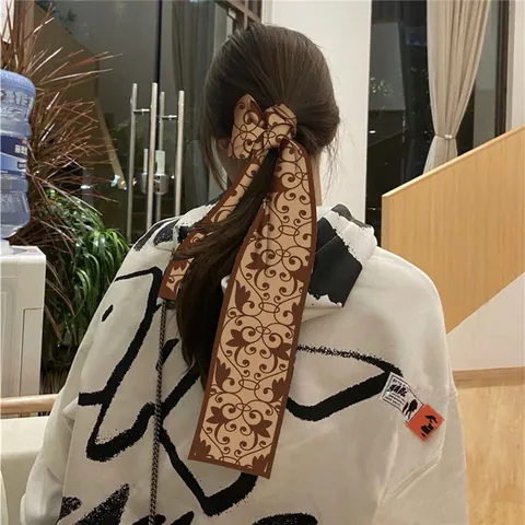 Vintage Printed Satin Twilly Scarf For Women Floral Pattern Narrow Hair Tie Bag Handle Wrap Neckerchief Fashion Accessories