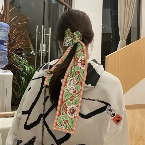 Women Fashion Satin Small Scarf Long Narrow Hair Ribbon Bag Handbag Handle Wrap Ribbon Floral Geometric Printed Neck Scarf
