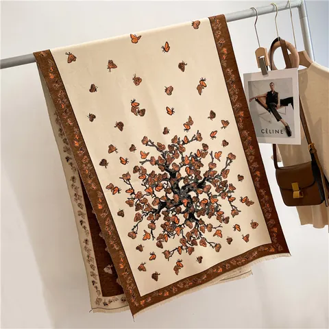 Sciarpa Scialle Vintage Con Stampa di Farfalle e Alberi in Simil-Cashmere Spessa per Donna Inverno Calda Morbida Lunga Nappa Poncho