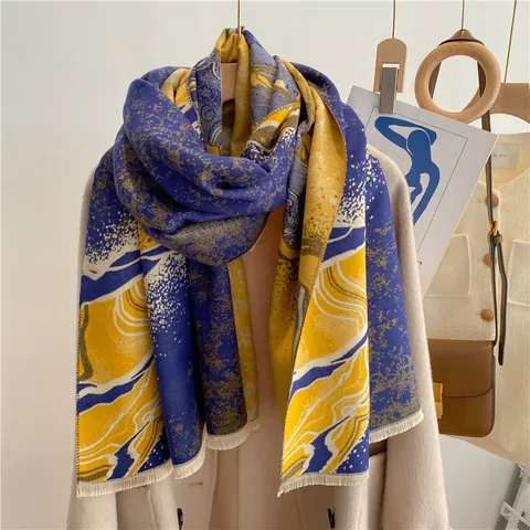 Elegante Sciarpa in Imitazione Cashmere da Donna Grande Scialle Caldo Con Nappine Motivo Artistico in Marmo Astratto Inverno