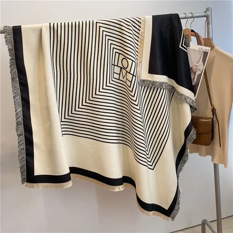 Bufanda de Mujer Rayada de Imitación Cachemira Chal Geométrico Cálido Con Borlas Suave Manta Envolvente para Invierno