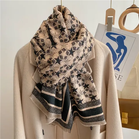 Women's Thickened Winter Scarf Vintage Star Pattern Cashmere-like Polyester Long Wrap Shawl Warm Fringed Winter Accessory